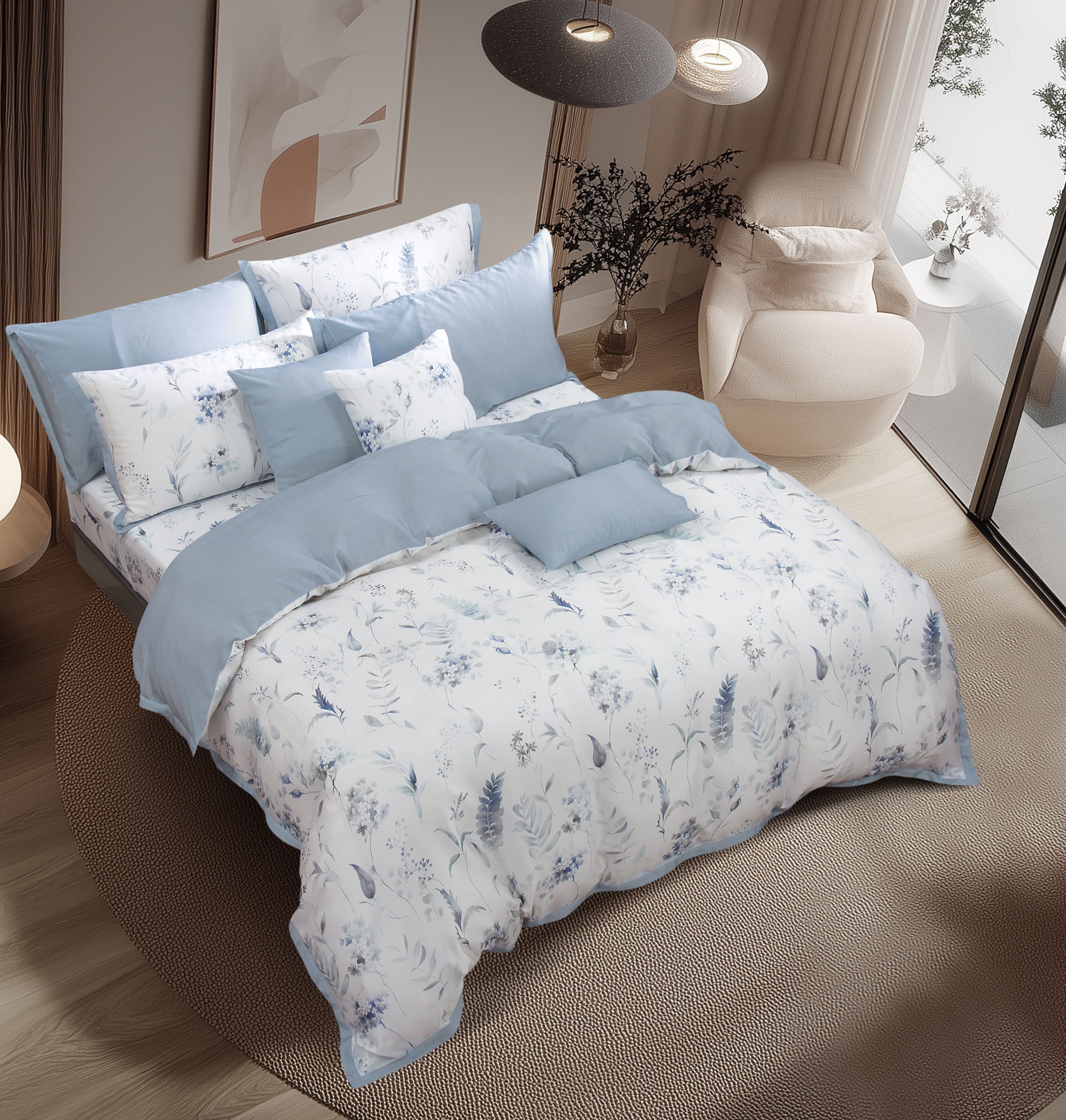 Akemi ชุดผ้าปูที่นอน 6 ฟุต 5 ชิ้น TENCEL™ HeiQ Allergen Serene Prints Collection 1200 เส้นด้าย
